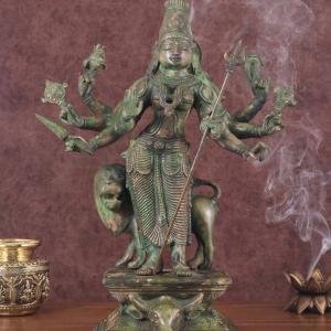 Standing Durga Brass Idol with Lion | 18" Green Patina Art | 12.9kg Sacred Masterpiece | Mahisasur Mardini Beauty | Jaipurio